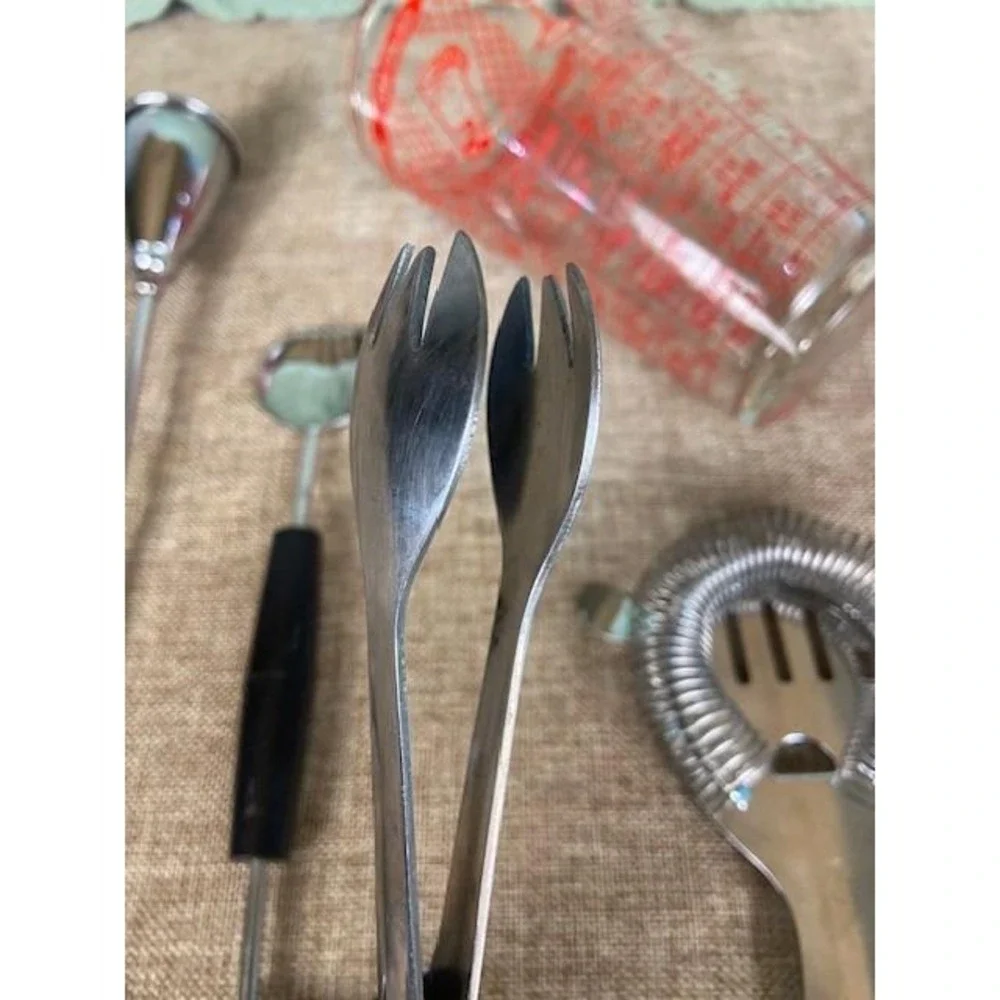Vintage Cocktail Multi-Recipe Mixing Glass and 5 Piece Bar Tool Set Stainless